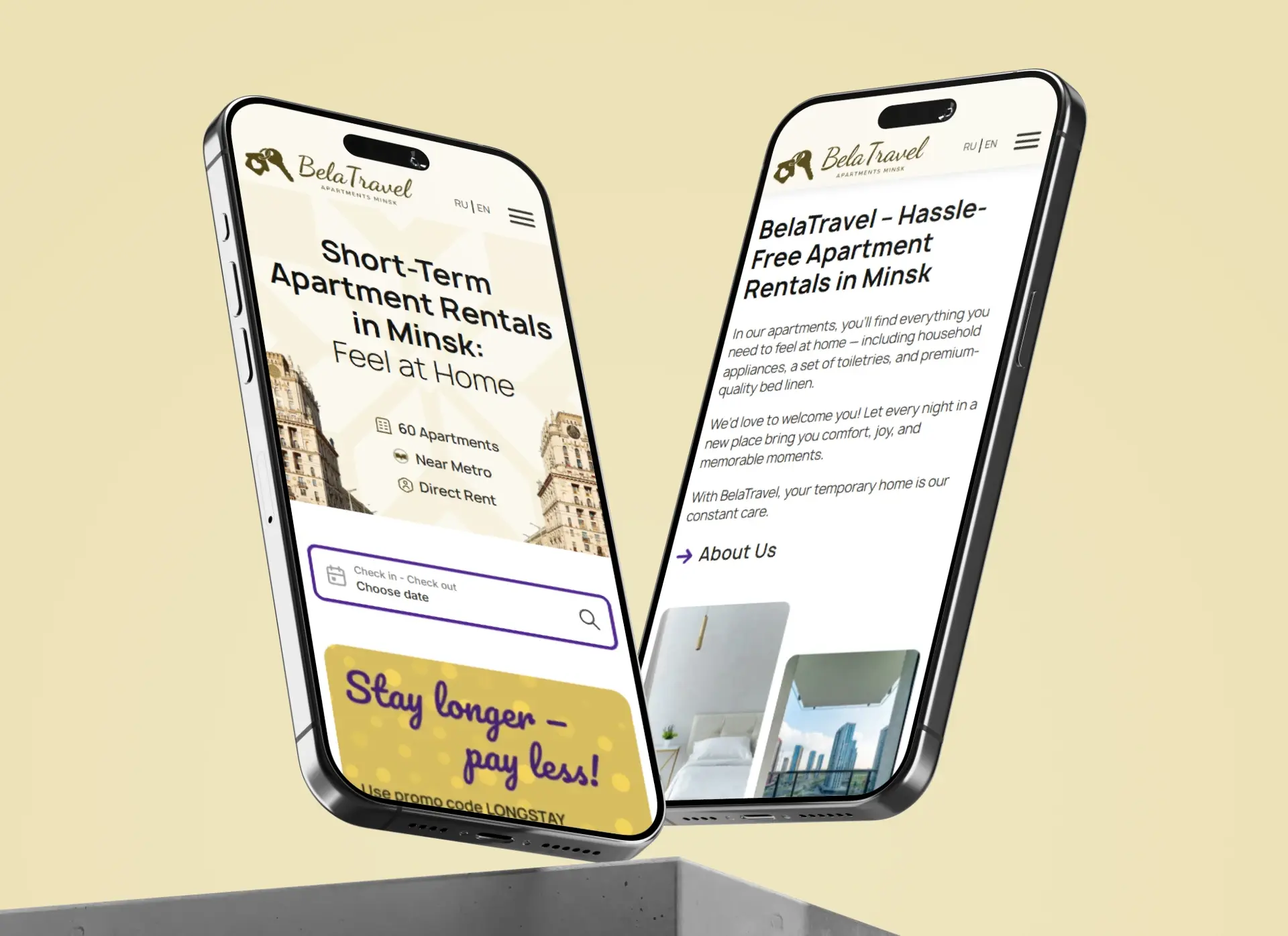 Mobile screens showcasing a website layout for an apartment rental service