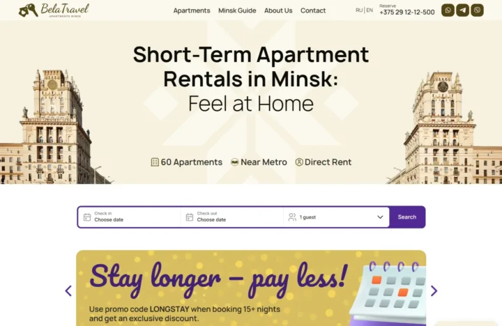 Hero section of BelaTravel apartment rentals website