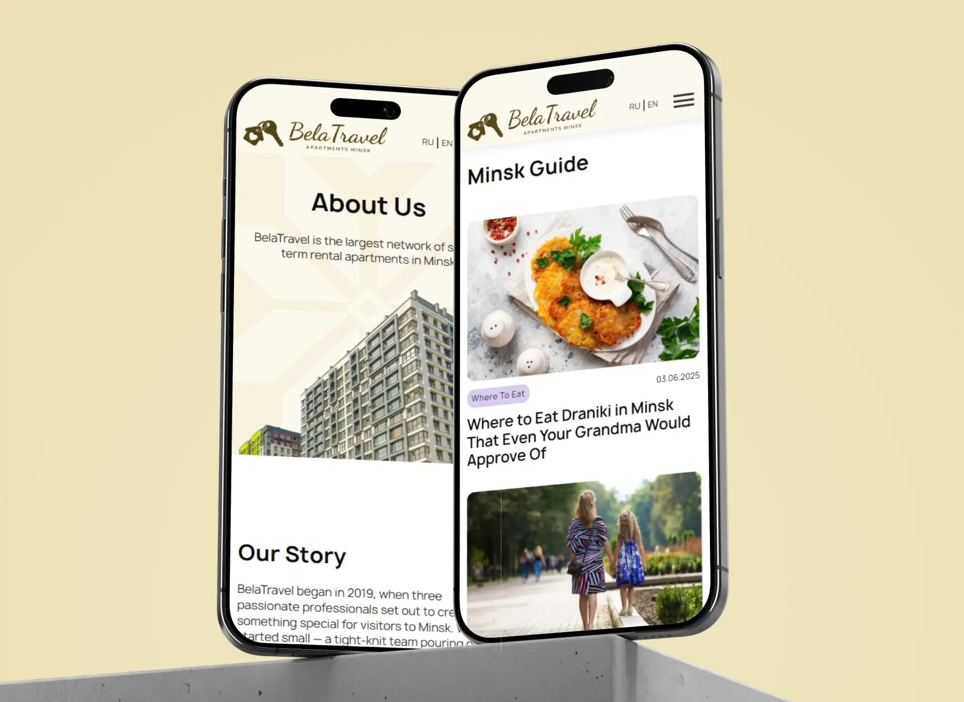 Mobile screens showcasing a website layout for an apartment rental service